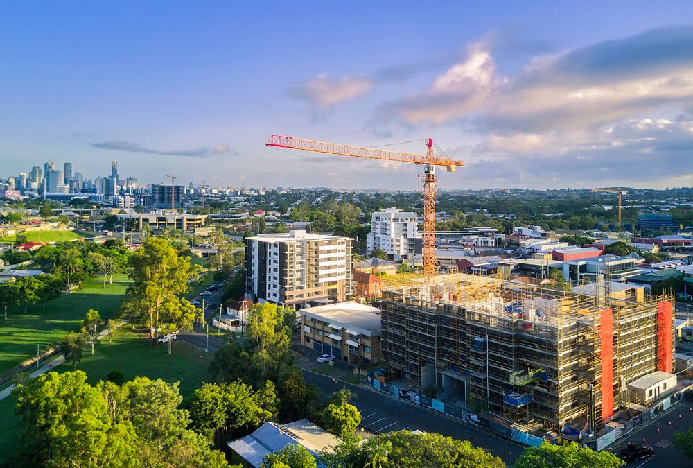 Multistory residential apartment building aerial photograph